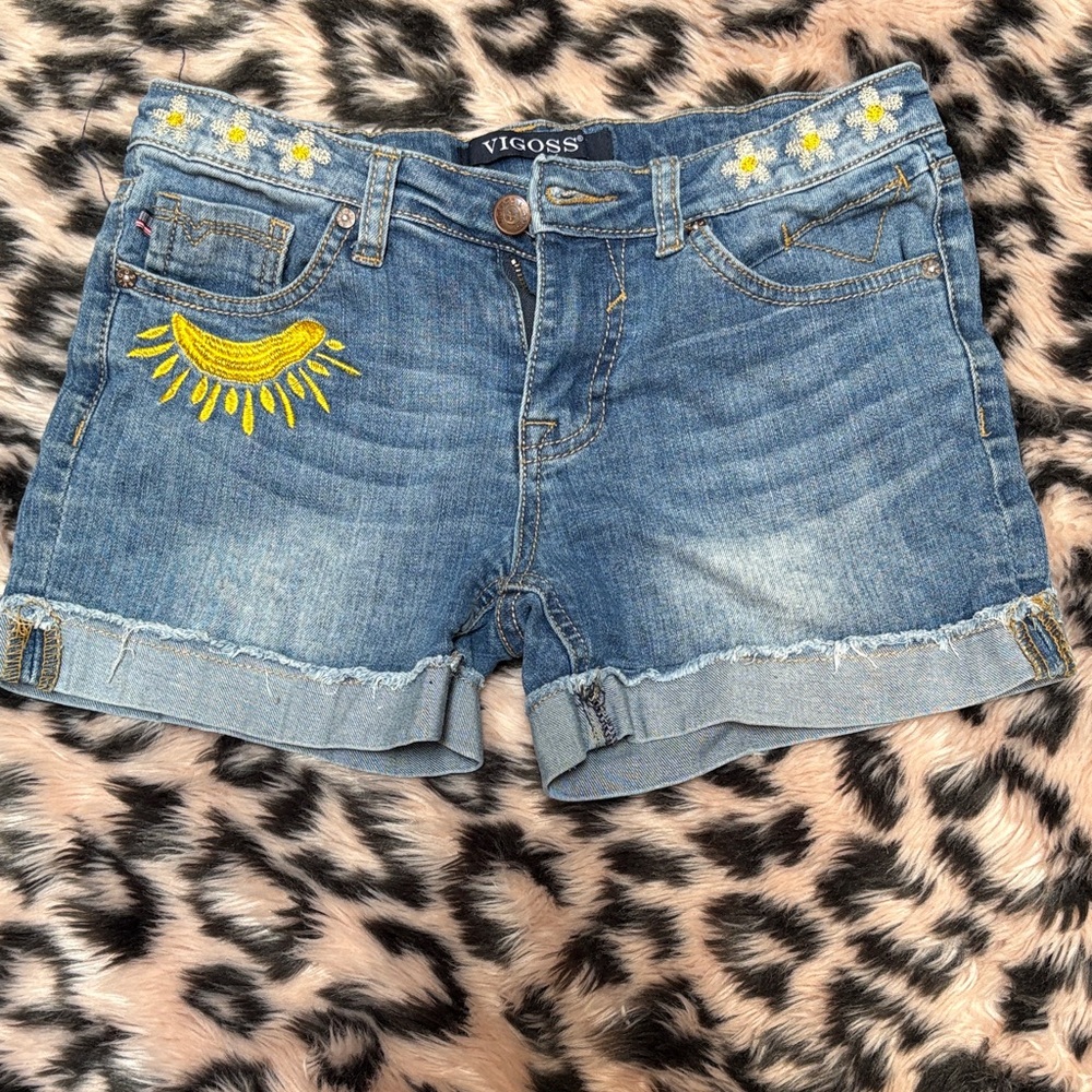 Kids Vigoss The Mid Blue Jean Shorts with Yellow Sunburst and Sunflower Trim